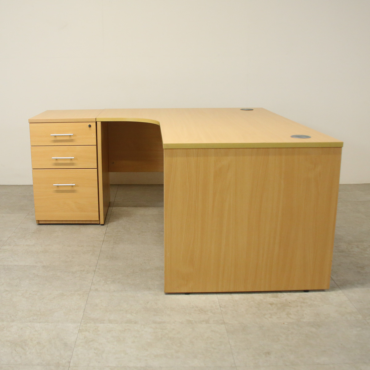 OI Beech L/H 1600mm Crescent Desk with Desk High Pedestal