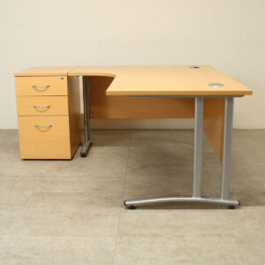 Beech 1600mm L/H Crescent Desk with D/H Pedestal