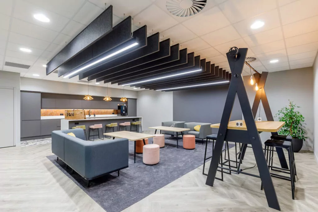 Open plan office with lots of acoustic furniture