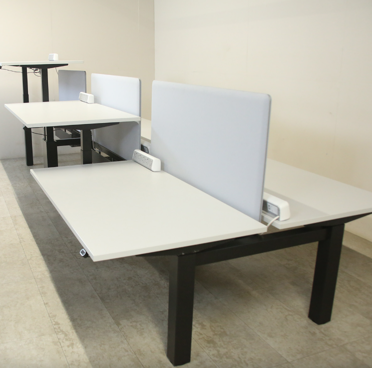 Pod of 6 Dove Grey 1400mm H/A Desks with Screens & Power/Data -Used electric height adjustable office desk - LOF Office Furniture 