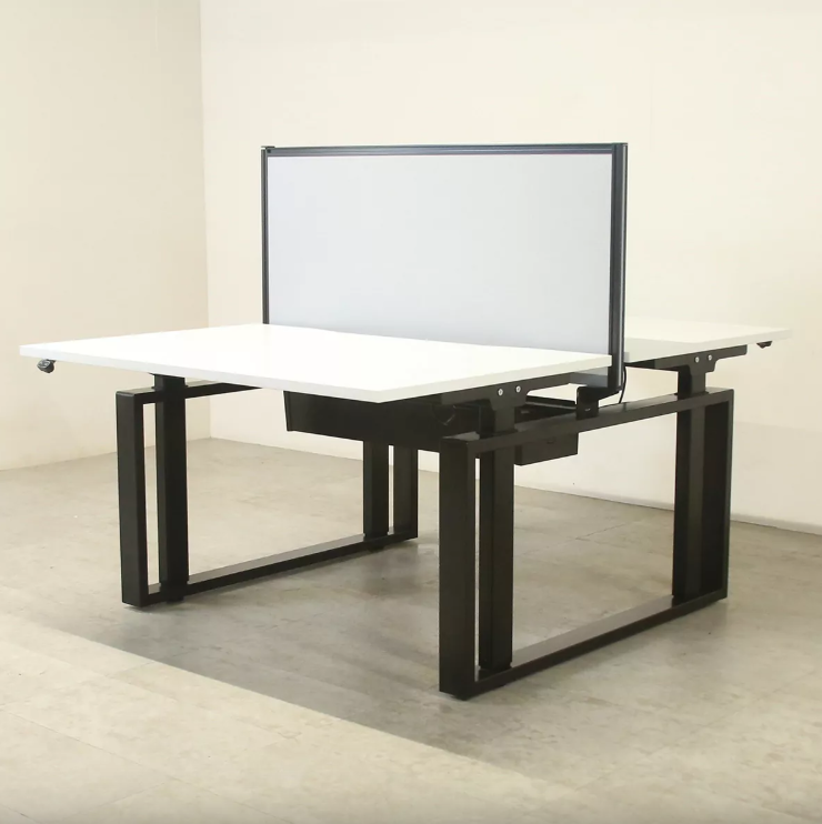 Pod of 2 White 1200mm Height Adjustable Desks with Screen - Used electric height adjustable office desk - LOF Office Furniture