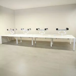 Senator Pod of 8 White 1400mm Desks with Monitor Arms & Power Packs - LOC353