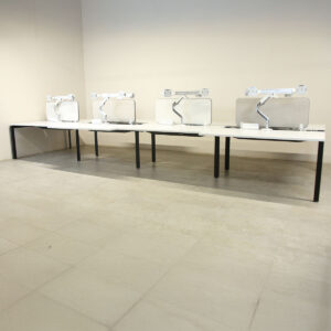 Steelcase Frame One Bench Pod of 8 White 1400mm Straight Desks with D/M Screens, Monitor Arms & Power/USB Charge - LOC217